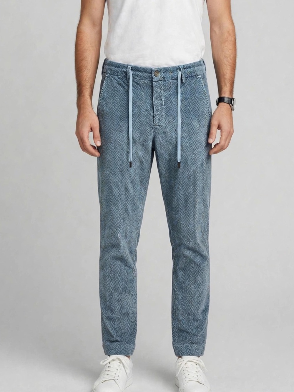 Men's Light Blue Herringbone Drawstring Pants ( US 30) IT 46